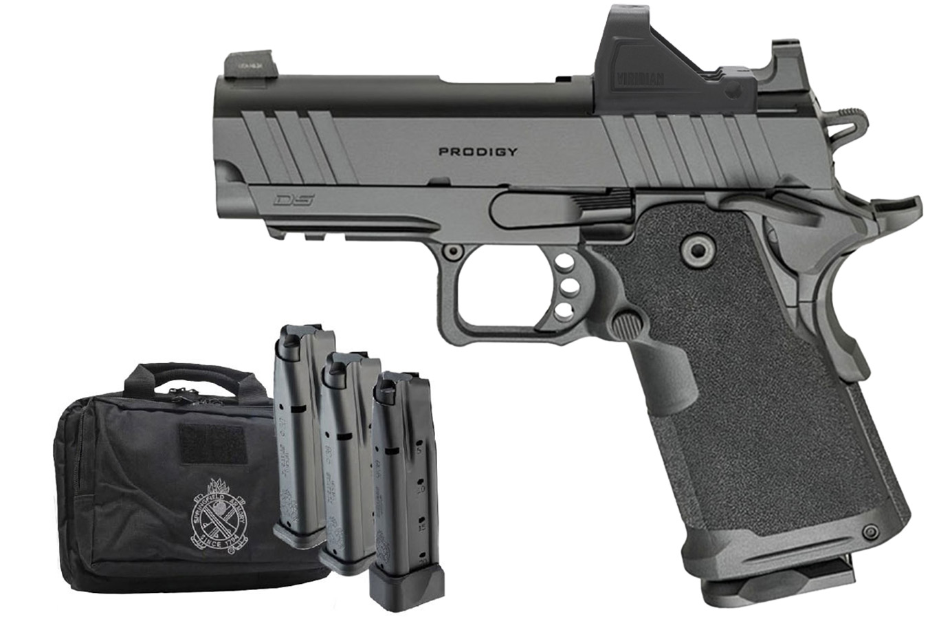 SPRINGFIELD 1911 DS Prodigy 3.5 Compact 9mm Gear-Pac with Viridian RFX-11 Green Dot, 4 Magazines and Pistol Bag